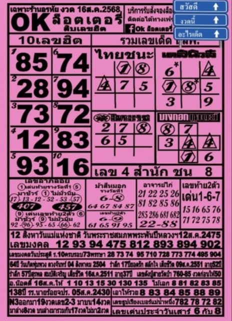 หวย ok ลอตเตอรี่ 16/8/68